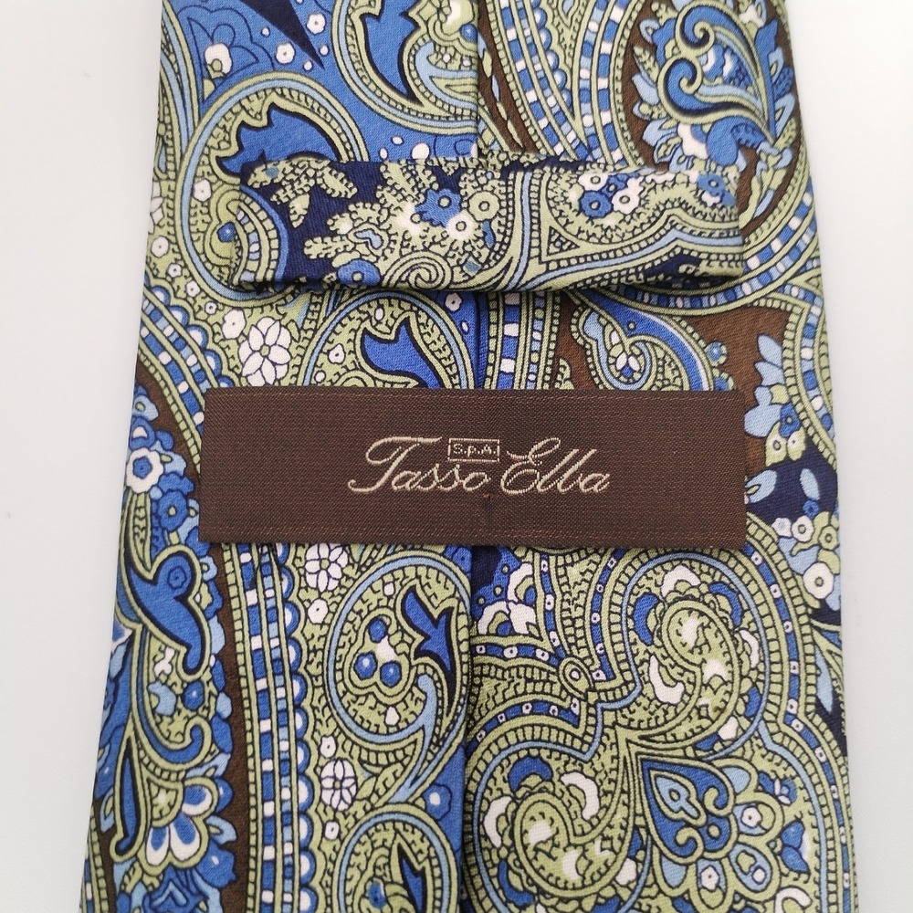 Tasso Elba SPA Tie Silk Handmade Necktie Blue Green Paisley 59"x3.5"